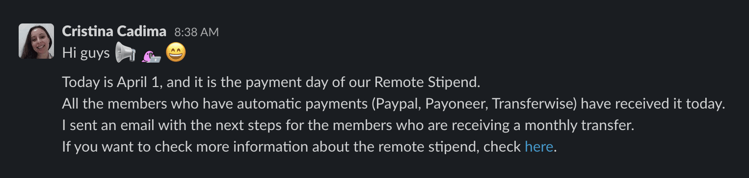 Cristina Cadima post on Slack.