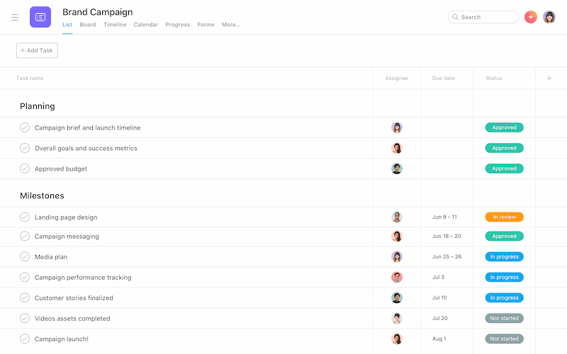 Asana team calendar