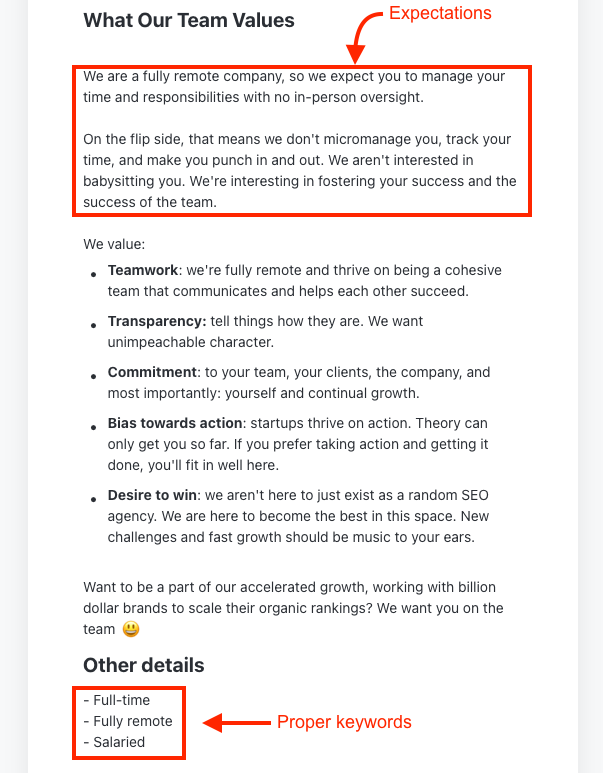 Fully remote job description from uSERP with keywords and expectations